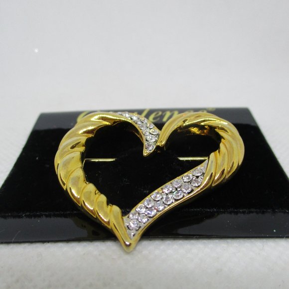 Opulence Crystal Rhinestone Brooch Crystal Ribbed Open Heart Gold Tone Metal Pin - Picture 6 of 11